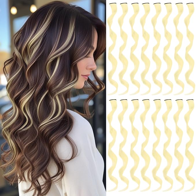 16 Pcs Colored Hair Extensions Curly Wavy Clip in Synthetic Hair Extensions,Colorful Party Highlights Hairpiece Streak for Girls Women Kids Christmas Cosplay Party Gift(Blonde)