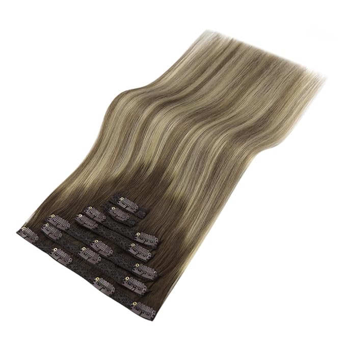 YoungSee 150G Clip in Human Hair Extensions Balayage Walnut Brown Ombre Light Brown with Blonde Long Human Hair Clip in Extensions Balayage Clip in Hair Extensions Straight Hair 24inch 7pcs
