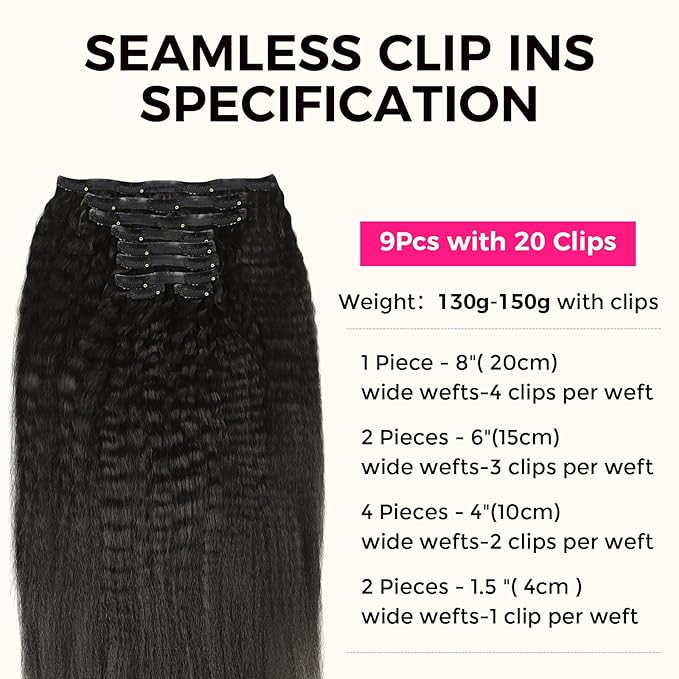 Lashey Clip in Hair Extensions Kinky Straight Seamless Hair Extensions Clip in for Women 9pcs 130g Natural Black Real Human Hair with Ultra PU weft 16 Inch
