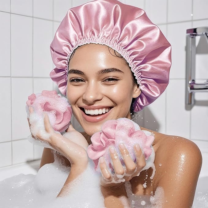 Smilco 4 Pack Shower Caps for Women, Reusable Waterproof Double Layer Bath Cap, Large EVA Elastic Hair Cover for Shower, Fits Long Hair & Braids, for Spa & Home