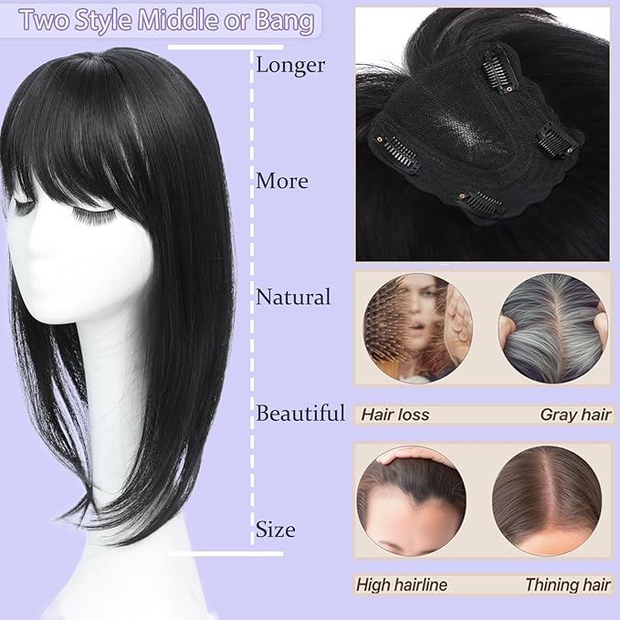 Hair Toppers for Women Real Human Hair, 360°3D Topper for Women with Thinning Crown Wispy Clip in Bangs Breathable Hand Tied Craft Big Coverage Hairpieces(P4/27（Big Coverage）, 12 Inch-3D-Side)
