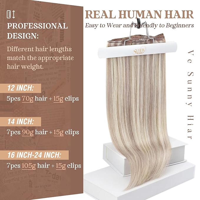 Ve Sunny Real Hair Extensions Clip in Human Hair Ash Blonde Highlight Bleach Blonde Real Human Hair Extensions Clip ins Long Straight Remy Hair Extensions Full Headed 22inch 120g 7pcs