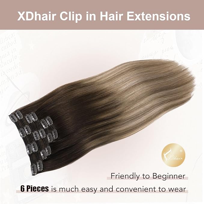 XDhair Clip in Hair Extensions Human Hair, 20 Inch 120g Balayage Color Brown to Dirty Blonde Clip in Hair Extensions Soft Natural Remy Hair 6 Pcs 20inch #2/6/18