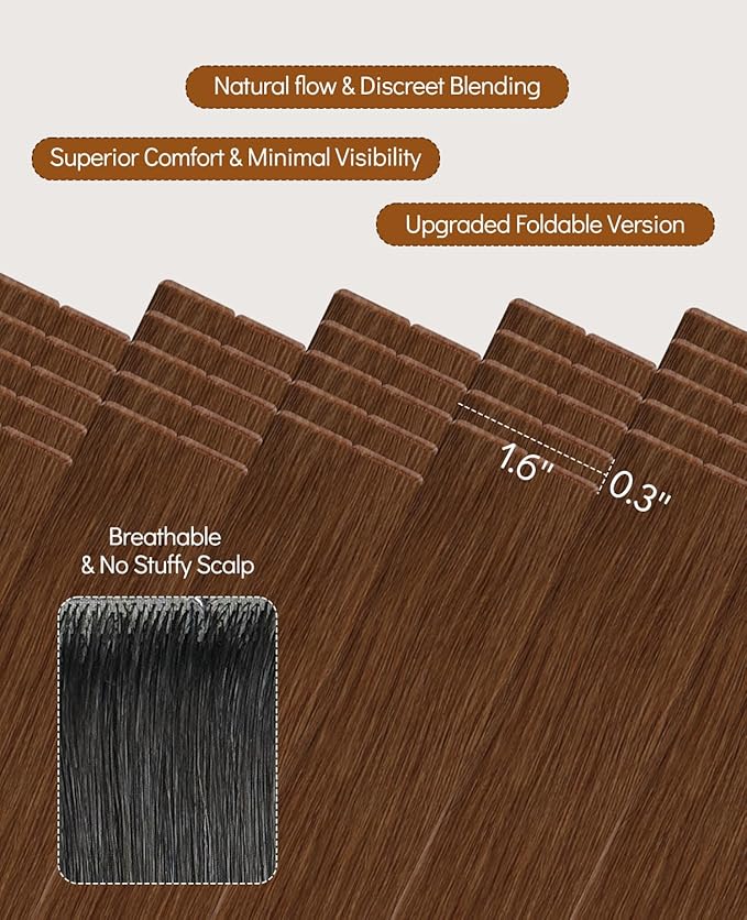 VINBAO Invisi Edge Tape in Hair Extensions Auburn Ginger 55g 20in 20pcs Injection Tape in Extensions Human Hair Seamless Injected Tape 20inch #33