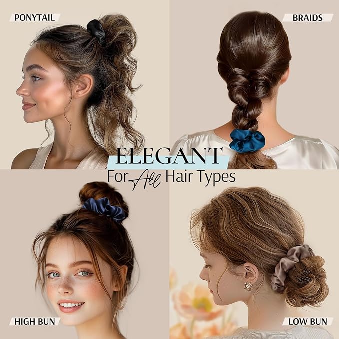 Zenssia Silk Scrunchies for Hair, Mulberry Silk Hair Ties for Women and Girls, No Damage Elastic Ponytail Holders（Black, Navy, Royal Blue）