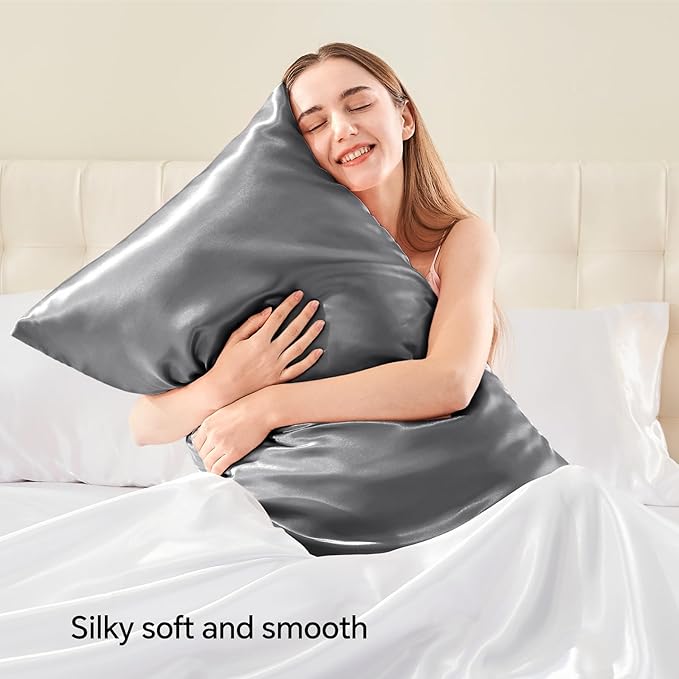 BEDELITE Satin Pillowcase with Zipper, Dark Grey Pillow Cases Queen Size Set of 2, Super Soft and Cooling Similar to Silk Pillow Cases, Gift for Women Men(20x30 Inches)