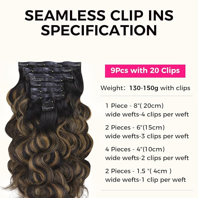Lashey Seamless Clip in Hair Extensions Human Hair 150g 9pcs 24 Inch Body Wave Natural Black Mixed Chestnut Brown Clip in Hair Extensions for Women