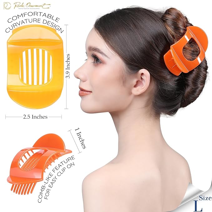 RC ROCHE 6 Pcs Flat Claw Hair Clips for Women Thick Hair French Round Duckbill Square Secure Strong Hold Grip Clamps Barrettes Curved No Slip No Crease Styling Cute Extra Jumbo XL, Large Jelly Candy