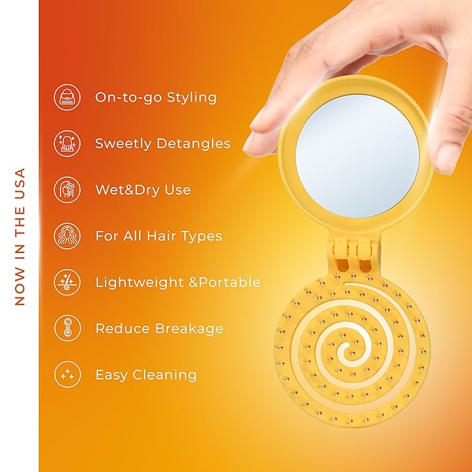 Mini Detangler Travel Hair Brush with Mirror, Makaron Hair Brushes for Women, Men and Kids, Unique 3D Flexible Design for All Hair Types, Styling Accessory, Travel Essentials for Women (YELLOW)
