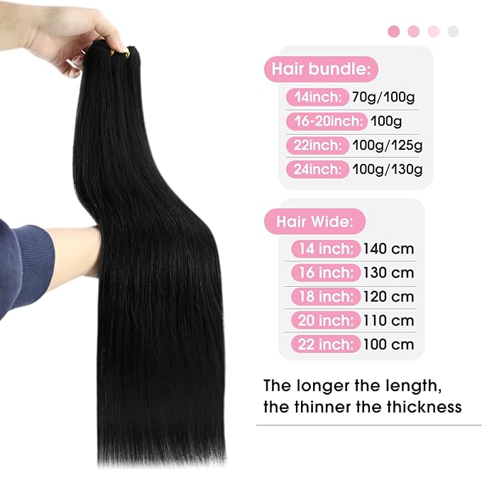 YoungSee 22 inch Human Hair Weft Extensions Black Weft Hair Extensions Real Human Hair Long Straight Sew in Hair Extensions Jet Black Remy Hair Bundle One Piece 100G