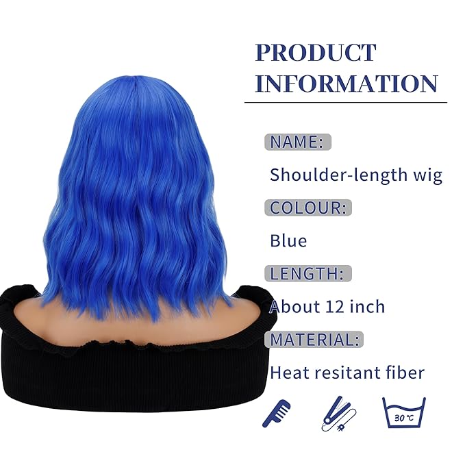 FAELBATY Bright Blue Short Wavy Wig Short Dark Blue Wigs With Air Bangs Shoulder Length Wig For Women Curly Wavy Synthetic Wig Halloween Cosplay Wig for Girls Costume Wigs (12" Bright Blue)