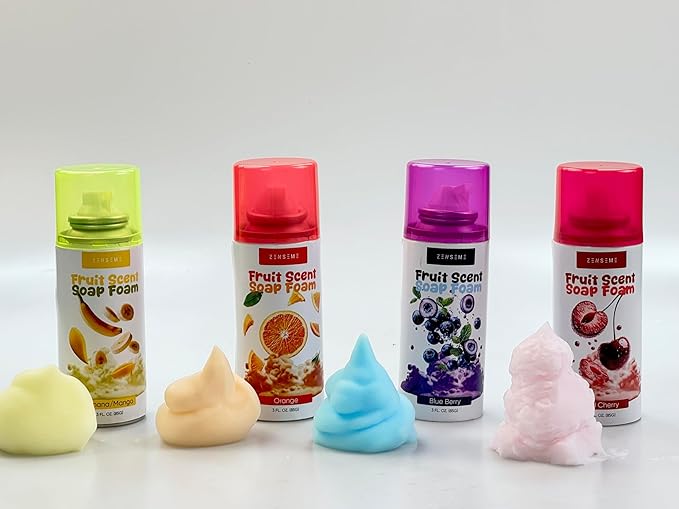 Bath Foam for Kids - 4-Pack Foam Soap for Kids - Soft, Fluffy, Scented Soap - Colorful to Build Fun Bath Art - Easy Spray Nozzles - Cherry, Mango, Blueberry, & Orange -3Oz cans