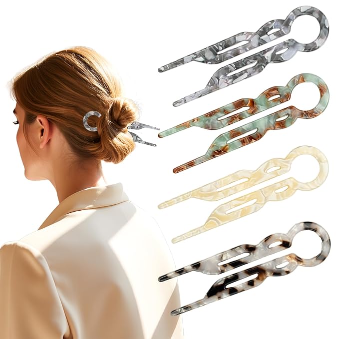Prestige Acetate Hair Pins - 4 Pack with Storage Case, 4.5” U-Shaped Clips for Thick Hair, Elegant French-Style Hair Accessories