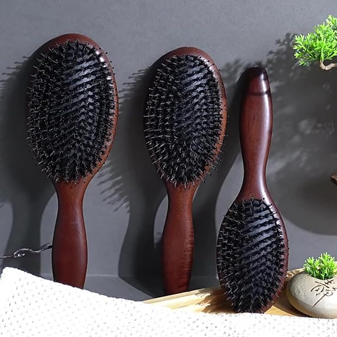 Lindale Boar Bristle Hair Brush for Women Men, Natural Black Zelkova Wooden Bristles Detangler Paddle Hairbrush for Hair Growth Beard, Reduces Static for Curly Hair with Ergonomic Handle