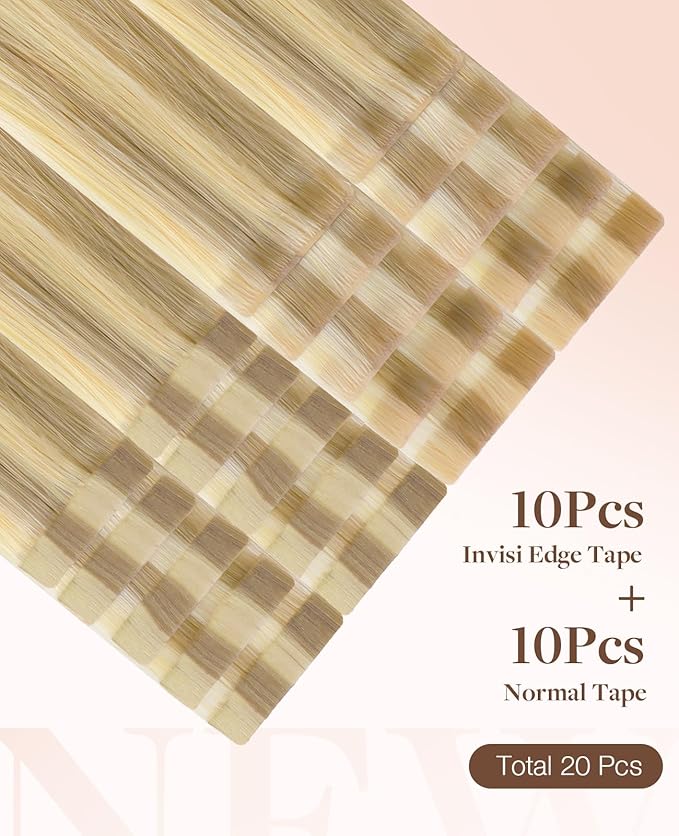 GOO GOO Invisi Edge Tape in Hair Extensions Human Hair, 16/22 Light Blonde Highlighted Golden Blonde 10pcs injected with 10pcs classical tape ins, 16inch 50g, Virgin Remy Hair, Natural Look