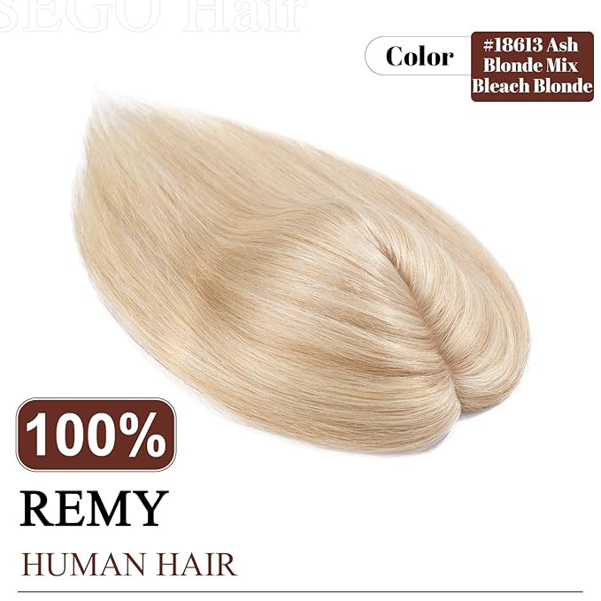 SEGO Real Human Hair Topper for Women, No Bangs Hair Topper with Anti-Slip Clips (10 Inch#18/613 Ash Blonde Mix Bleach Blonde)