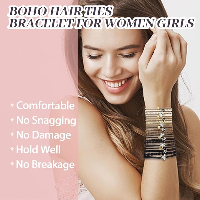 JIIRS 20PCS Boho Hair Ties,Elastic Bracelets,Elastic Hair Ties, Hair Bands For Ponytails,Ponytail Holder for Thick or Thin Hair,Boho Hair Bracelets No-Damage For Daily Life, Sport, Working(Set9)
