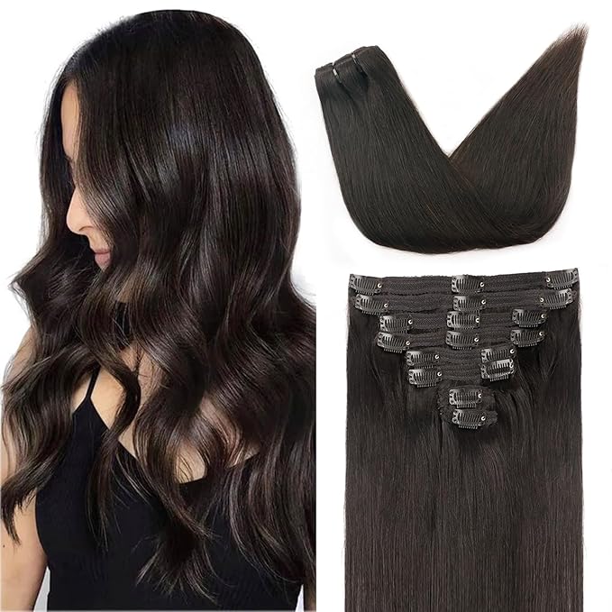 Straight Clip In Hair Extensions Real Human Hair 8Pcs Clip In Dark Brown Human Hair Extensions with 18Clips Lace Weft 120g 24inch