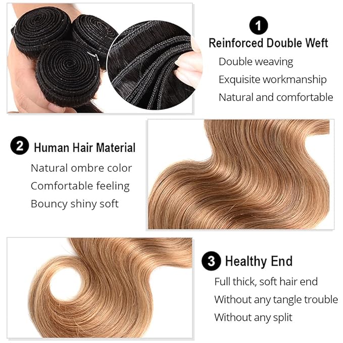Color 27 Bundles Human Hair Ombre Blonde Body Wave Bundle Niegmeag Virgin Remy Hair 3 Bundles 14 16 18 Inch Double Weft 2 Tone Black and Honey Blonde Bundle Hair Weave