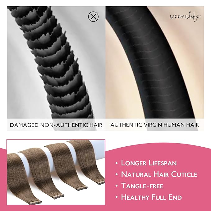 WENNALIFE Tape in Hair Extensions Human Hair Light Ash Brown Tape in Extensions, 10pcs 25g 16 inch Remy Invisible Tape Ins Straight Colored Soft Real Human Hair Tape in Extensions Refill Set