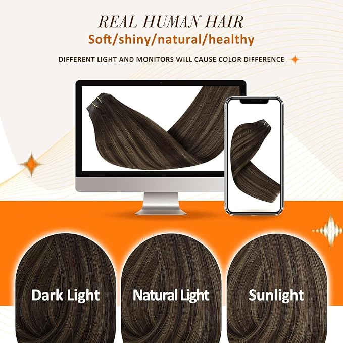 Full Shine Seamless Human Hair Clip in Extensions 14 Inch Ombre Dark Brown to Light Brown with Honey Blonde Clip in Hair Extensions for Women 8 PCS 120 Grams