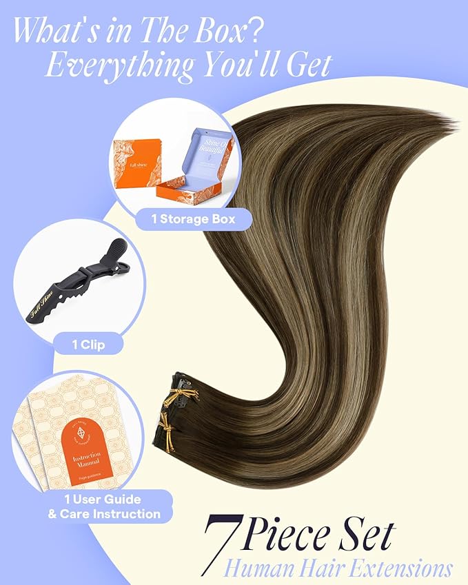 Full Shine Brown Human Hair Clip in Extensions 150 G Medium Brown Balayage Caramel Blonde Thick Hair Extensions 24 Inch Clip in Hair Extensions Human Hair Full Head Thick Ends 7 Pcs