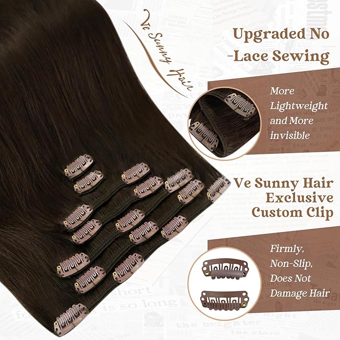 Ve Sunny Human Hair Clip in Extensions Real Hair Extensions Clip in Human Hair Dark Brown Clip in Hair Extensions 16 Inch 120g