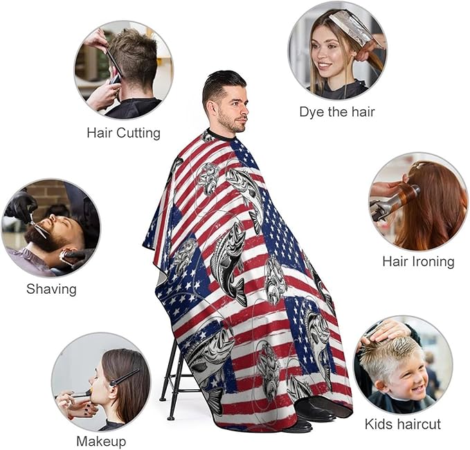 Large Long Professional Barber Cape, Hairdressing Apron Bass Fish Fishing Lure American Flag Shampoo Cutting Household Capes Wrap for Hair Salon