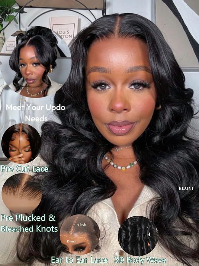 KLAIYI Wear And Go Glueless Wig Bye Bye Knots 13x4Precut Lace Front Wigs Human Hair Loose Body Wave Wig Pre Bleached Pre Everything Pre Plucked with Baby Hair 3S Ready to Wear Beginner Friendly 28Inch