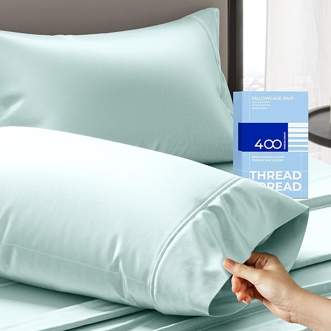 THREAD SPREAD 100% Cotton Pillowcases Standard/Queen Size Set of 2-400 Thread Count Cotton Pillowcases, Ultra Soft Cool Sateen Weave Pillow Cases for Sleeping, Set of 2 Pillow Covers (Sea Foam)