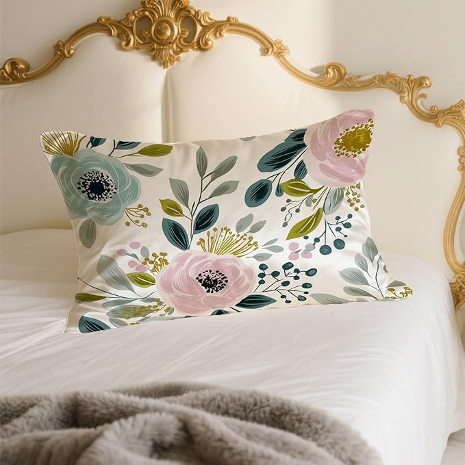 Silk Pillow Case for Hair and Skin Pink and Blue Floral Flowers Standard Size Silk Pillow Case with Zipper Super Soft Pillow Covers for Women Bed Sleeping, 20x26 Inches