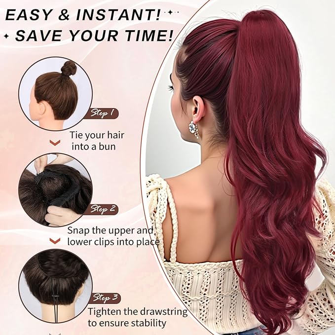 Ponytail Extension, Drawstring Ponytail Extension for Women 26 Inch Long Wavy Pony Tails Hair Extensions Synthetic Clip in Ponytail Hairpiece for Women(Bug)