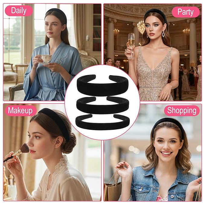 Black Velvet Headbands for Women,3 Pcs Headbands for Women Non Slip 3 Different Width,Elastic Hair Bands Fashion Accessories