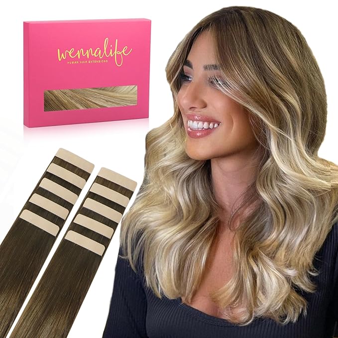 WENNALIFE Tape in Hair Extensions Human Hair Ombre Walnut Brown to Ash Brown and Bleach Blonde Tape in Extensions, 10pcs 20g 10 inch Remy Invisible Tape Ins Straight Real Human Hair Tape in Extensions
