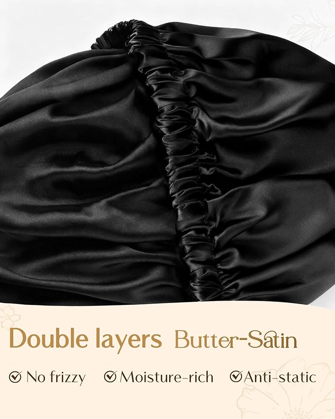 YANIBEST Adjustable Satin Bonnet Double Layer Hair Bonnet for Sleeping Bonnets for Women Hats Curly Natural Hair, Black