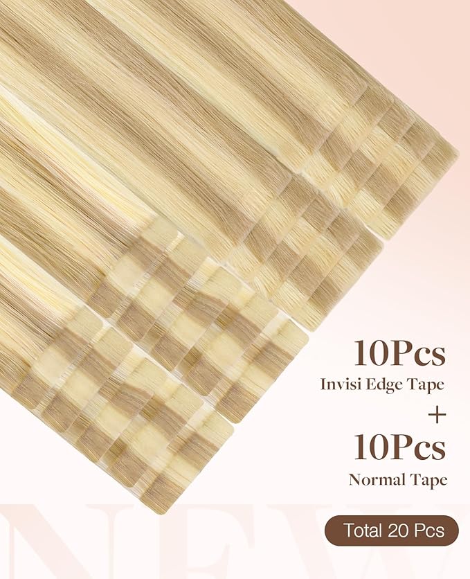 GOO GOO Invisi Edge Tape in Hair Extensions Human Hair, 18D/22F Dirty Blonde Highlights 10pcs injected with 10pcs classical tape ins, 12inch 40g, Virgin Remy Hair, Natural Look