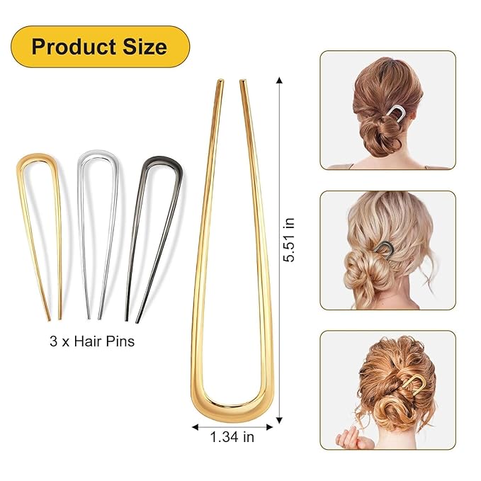 U-shaped Hairpin for women hair accessories- Elegant Metal French hair pin for a firm updo, Easily creating French buns and braids, stable and comfortable all day, 1pc (Gold)