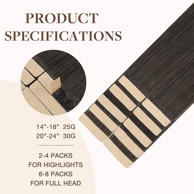 GOO GOO Tape in Hair Extensions Human Hair, 1C Mocha Brown, 16inch 25g 10pcs, Skin Weft Seamless Invisible, Silky Straight with Thick Ends, Remy Human Hair