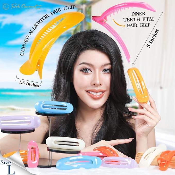 RC ROCHE 6 Pcs Flat Claw Hair Clips for Women Alligator French Barrette Long Thick Hair Duckbill Curved No Slip Grip Lay Flat Side Slide Firm Classic Styling, Large Jelly Candy Multicolor