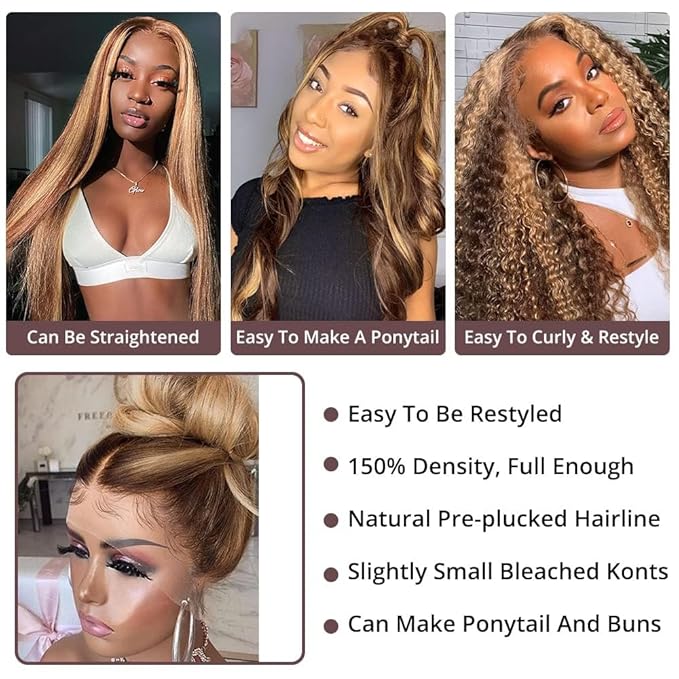 200% Density 360 Lace Front Wigs Human Hair Pre Plucked Honey Blonde Body Wave Lace Front Wigs with Baby Hair Full 360 Glueless HD Transparent Lace Front Human Hair Wigs for women 4/27 Human Hair Wig