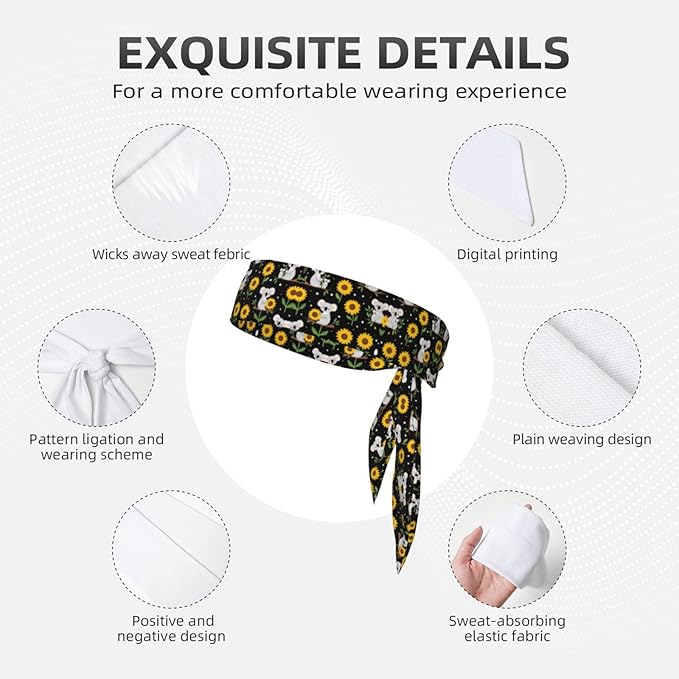 Men Women Cute Koala Black Yellow Sunflower Sports Sweatband Multifunction Cool Head Band Headdress for Sports Workout Shower