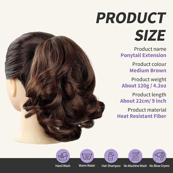 Brown Ponytail Extensions,9" Short Curly Wavy Claw Clip Pony tails Hair Extensions Natural Soft Synthetic Hairpiece for Women