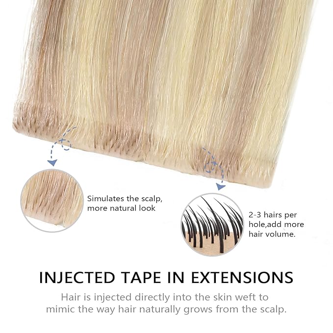 COOKAYU Invisible Tape in Hair, Ash Blonde and Platinum Blonde Seamless Injected Tape in Human Hair Extensions 20pcs/pack 16Inch 35g Invisi Edge Extensions