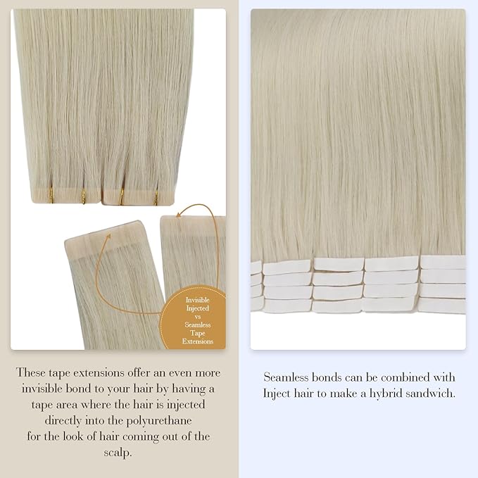 Full Shine Blonde Virgin Injected Tape in Hair Extensions 5Pcs Color 1000 Ice Blonde Seamless Skin Weft Machine Remy Tape in Extensions 24 Inch Hair Extensions Real Human Hair 12.5 Gram for Women