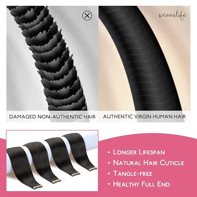 WENNALIFE Tape in Hair Extensions Human Hair Natural Black Tape in Extensions, 10pcs 30g 24 inch Remy Invisible Tape Ins Straight Colored Soft Real Human Hair Tape in Extensions Refill Set Extensions