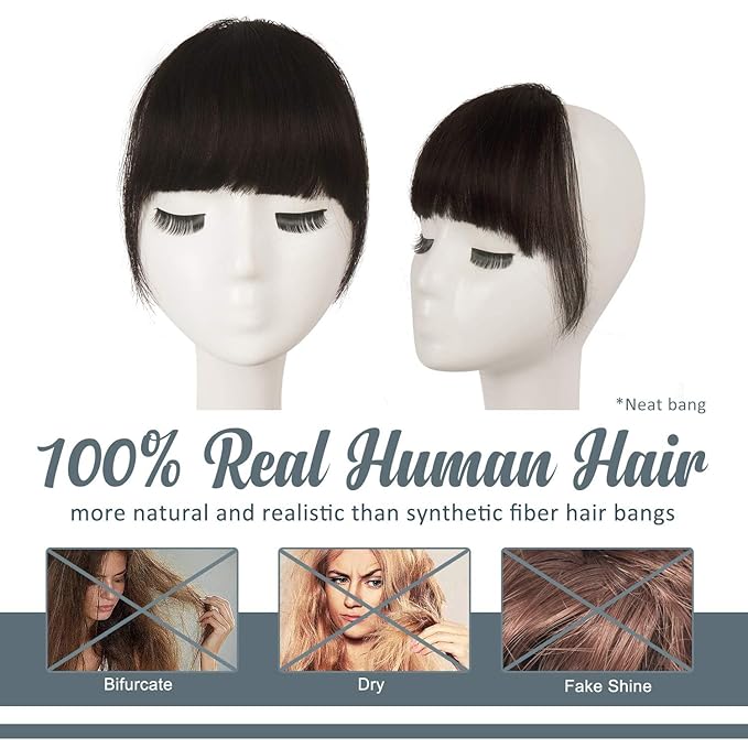 BARSDAR Human Hair Clip in Bangs - 100% Real Hair Extensions for Women - Dark Brown Thick Fringe With Temples Hairpieces