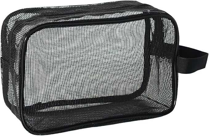 Black Mesh Shower Tote Bag - 6.5×10.2Inch Portable Quick-Dry Hanging Pouch for Bathroom, Gym, Camping, Toiletry Organizer