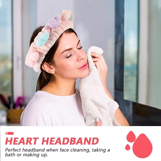 2pcs Heart Design Fuzzy Spa Hairbands for Women Elastic Stretch Makeup Head Wraps Skin-friendly Soft Comfortable Fit for Face Washing and Skincare Routine