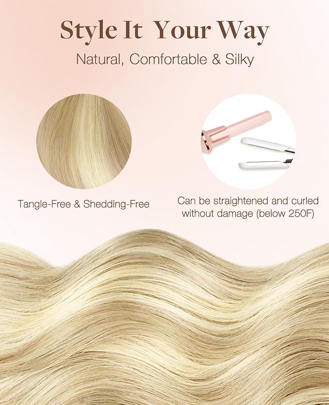 GOO GOO Invisi Edge Tape in Hair Extensions Human Hair, 18A/613A Dark Blonde Highlighted Bleach Blonde 10pcs injected with 10pcs classical tape ins, 20inch 50g, Virgin Remy Hair, Natural Look