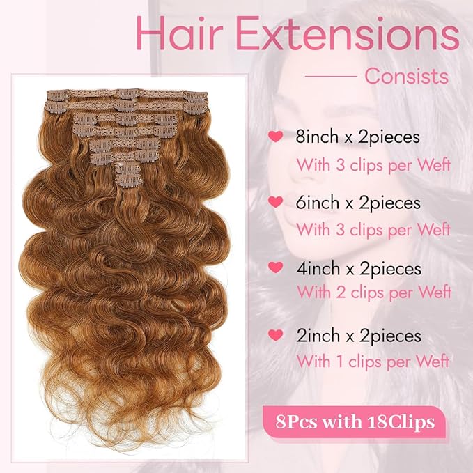 Clip in Hair Extensions Real Human Hair Body Wave 6 Chestnut Brown Clip in 100% Brazilian Remy Human Hair Extensions 8pcs Per Set with 18 Clips Double Weft 20 Inch 105g/3.6oz